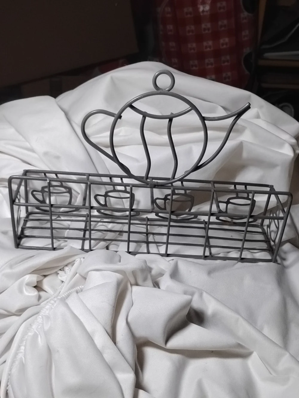 Teapot Design 4 Section Kitchen organizer gray enamel coated wire basket